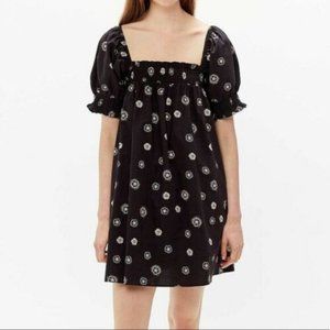 UO Daisy Dot Puff Sleeve Babydoll Dress Mini Black S